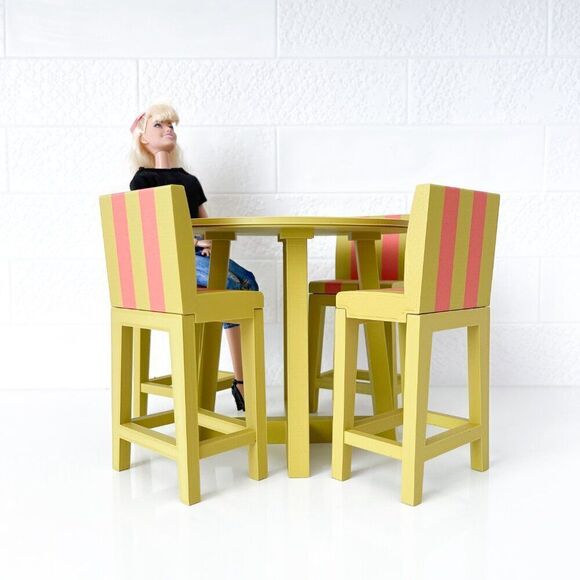 Miniature Barbie Bistro Table 4 Striped Chairs 3D Printed Dollhouse Furniture - Picture 5 of 5